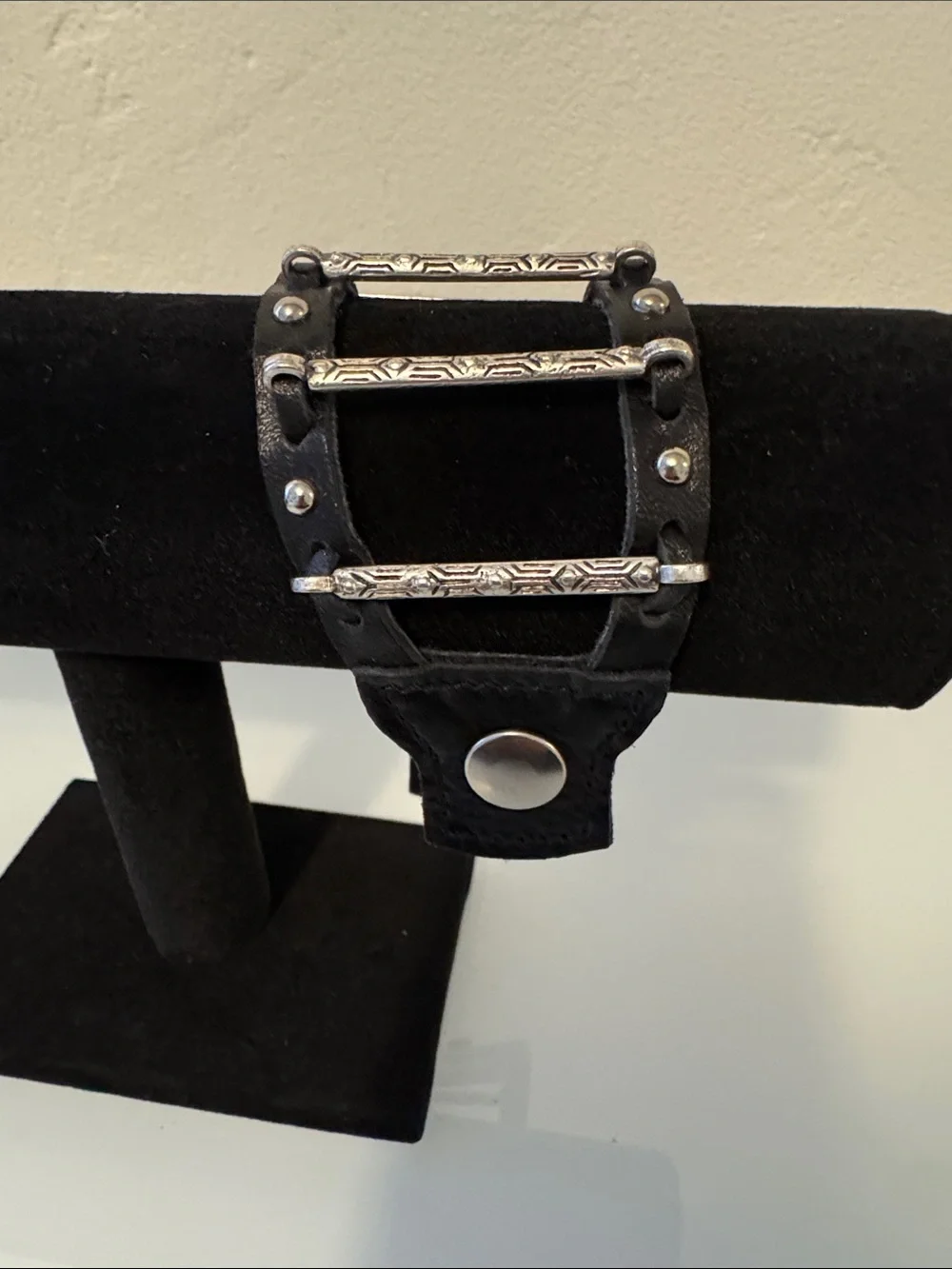 Genuine Black Leather Bracelet with Sterling Silver Bar Accents - adjustable